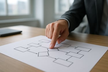 A professional hand pointing at a clear, printed flow chart of financial standard operating procedures in a bright North American office.