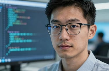 A close-up portrait of a professional analyst working in a high-tech environment, with a reflection of code in their glasses. The tone is intelligent and focused, using #1A202C and #B2D4D8.