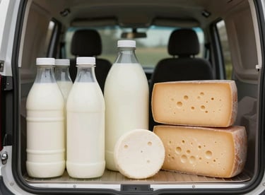 A selection of fresh dairy products, including milk bottles and cheeses, arranged inside a delivery van. Warm beige and tan tones.