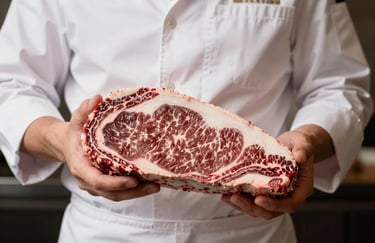 Close-up of a professional in white attire inspecting a premium cut of beef. High-end gourmet aesthetic, sophisticated lighting.