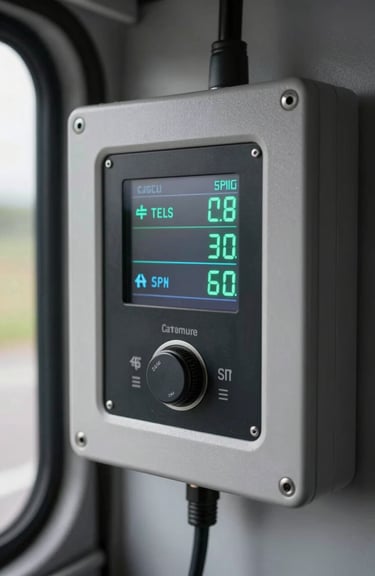 A digital temperature control panel inside a transport vehicle showing precise cooling settings. Sharp, professional photography.