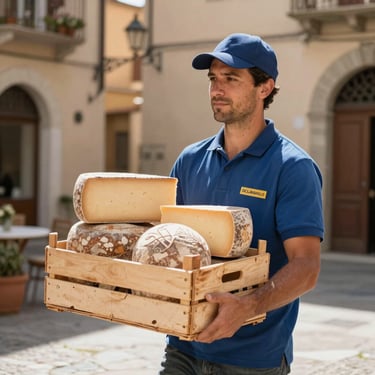 A delivery driver in a professional uniform carrying a wooden crate of fresh artisanal cheeses in a sunlit Italian courtyard.