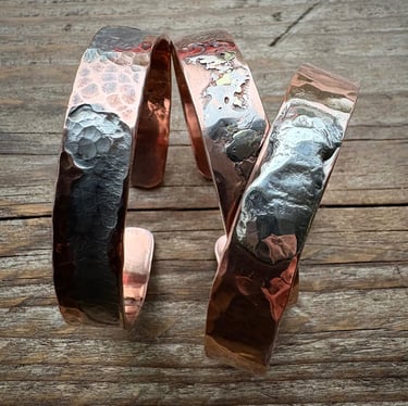 3 cuff bangles with reticulated silver or pewter or brass and copper