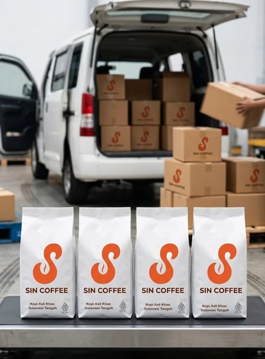 Proses pengiriman biji kopi terbaik Sin Coffeeshop Palu menuju outlet-outlet mitra di pelosok Sulawesi Tengah