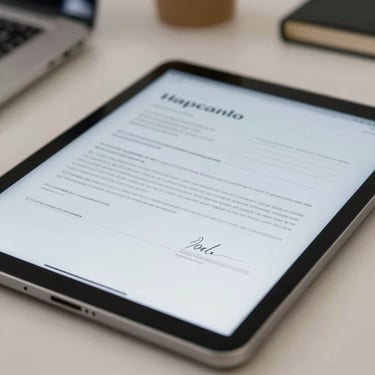 Close-up of a digital tablet displaying an electronic signature field on a legal form, resting on a clean office desk in a South Asian / Indian setting.