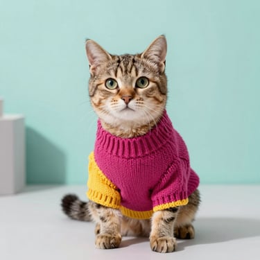 Gatito con sueter bicolor amarillo y rosa mexicano