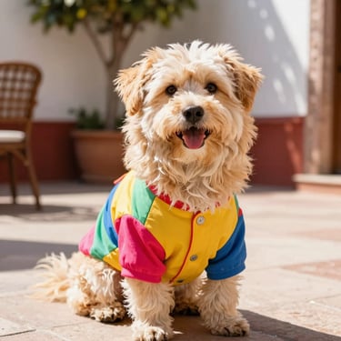 Perrito con ropa multicolor
