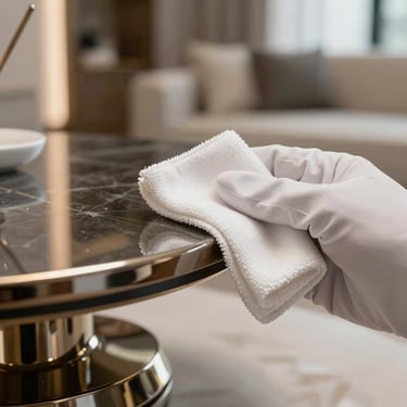 Detail shot of a gloved hand using a micro-fiber cloth to polish a designer metallic fixture in a luxury North American residence.