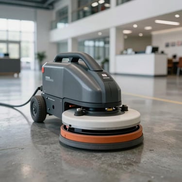 A close-up of a high-tech floor buffer on a pristine polished concrete floor in a modern North American industrial facility lobby.