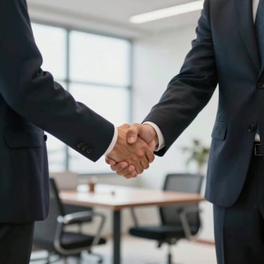 A professional handshake between two individuals in business attire within a bright, contemporary Brazilian office setting, representing agreement, trust, and professional service.