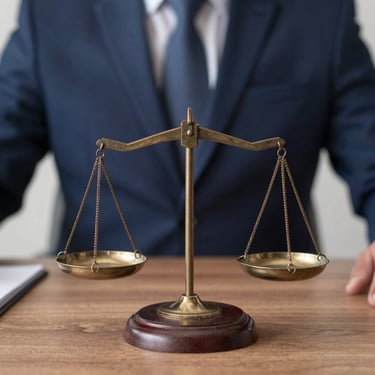 A close-up photograph of the Scales of Justice on a wooden desk with a navy blue and white blurred background, symbolizing legal balance and professionalism. South American / Brazilian context.