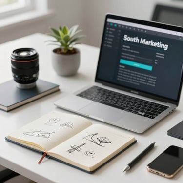 An organized desk with professional digital marketing tools, a notepad with sketches, and a stylus, in a bright South American office setting.