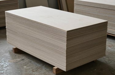 Stack of high-quality plasterboard sheets in a clean warehouse in Braga, ready for transport, professional industrial lighting.