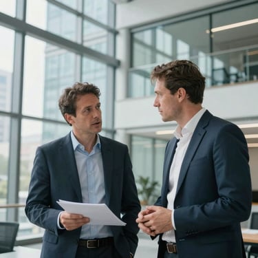 A photography shot of two professionals in a modern North American glass-walled office, engaged in a serious financial strategy discussion. The lighting is bright and the style is sophisticated and corporate.