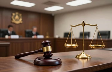 Interior of a modern South American courtroom, focused on a judge's gavel and golden balance scales on a dark wood surface, authoritative and solemn atmosphere.