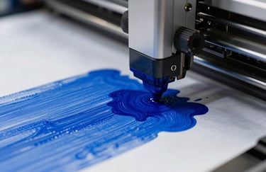 A close-up of a digital printing head moving across a high-quality textile, showing intricate detail and vivid royal blue ink. Industrial professional setting.
