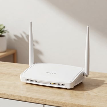 Home networking setup with router and connected devices in a cozy living room.