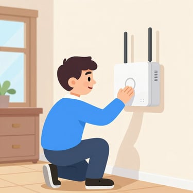 A man installs a white smart home wall device for home automation and internet connectivity.
