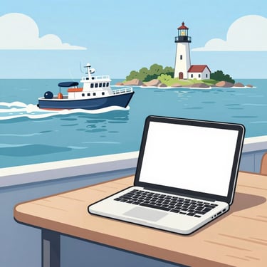 A laptop on a wooden desk overlooking a blue sea with a passing boat and lighthouse.