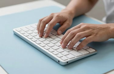 Hands typing on a minimalist keyboard with a Soft Sky Blue mousepad nearby. The composition is clean and focused on professional productivity.