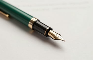 A professional studio shot of a high-quality fountain pen resting on a business contract, symbolizing trust and legal professionalism, with a palette of deep greens and soft off-white.
