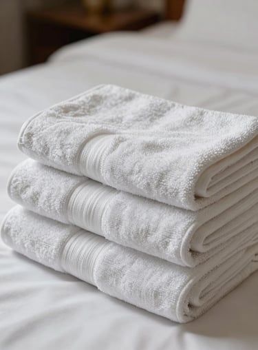 Detailed shot of high-quality amenities and folded towels on a bed, showcasing standardized service quality.