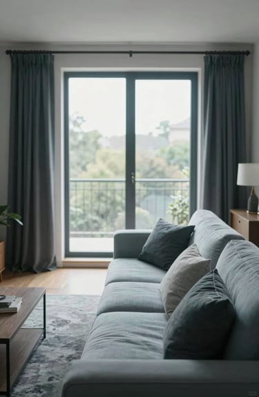 Spacious living room area with a comfortable sofa and a large window, decorated in Pale Blue-Grey and Dark Slate Grey.