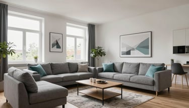 Modern bedroom in a Zentraleuropäisch / Deutsch apartment with crisp white linens and Muted Teal accents, bright natural light.