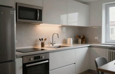 A fully equipped kitchenette with modern appliances in a clean, professional rental unit in Magdeburg.