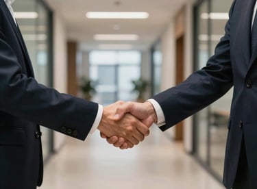 A professional greeting or handshake in a modern office or apartment hallway, reflecting reliable business services.