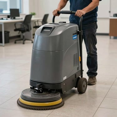 A professional floor scrubbing machine being operated by a specialist on a large commercial tiled floor, North American / US corporate environment.