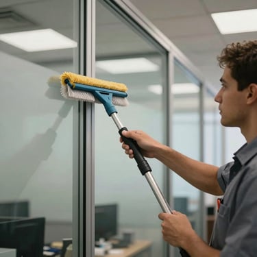 A close-up of a janitor in a professional uniform using a specialized cleaning tool on glass office partitions, North American / US commercial building.