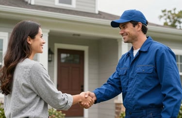 A friendly chimney technician in a professional uniform shaking hands with a smiling homeowner at the entrance of a North American suburban house.