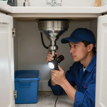 A focused plumber in a blue uniform inspecting a drain under a kitchen counter, using a professional flashlight, North American / US home interior, clean and sharp.