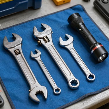 A collection of professional plumbing tools, including heavy-duty pipe wrenches and a flashlight, neatly arranged on a blue canvas work mat in a North American / US garage.