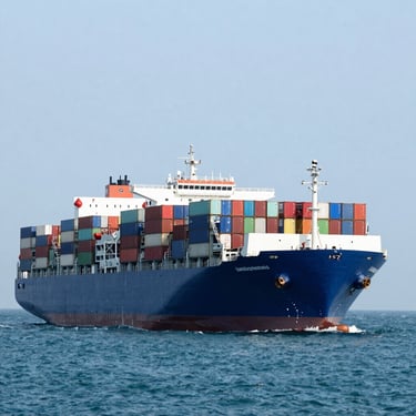 A cargo ship loaded with containers sailing between Indonesian islands under a clear sky.