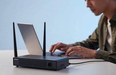A person focusing on a laptop with a high-speed networking router in the foreground, illuminated by soft sky blue light in a clean workspace.