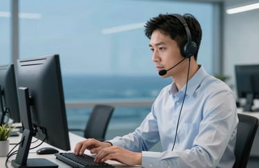 A professional support agent wearing a headset, looking focused while working at a computer in a clean, modern ocean blue office.