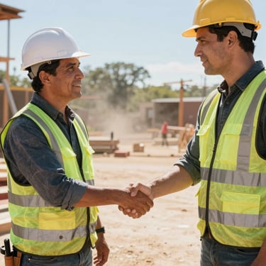Candid shot of a firm handshake between a consultant and a contractor at a job site in the Southern USA. Sunlight and dust in the air. Latinoamérica / EE.UU.