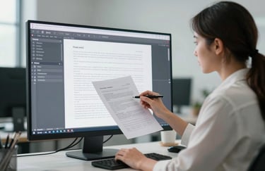 A professional woman reviewing digital documents on a sleek screen, her office decorated with Muted Sage and Arctic White elements.