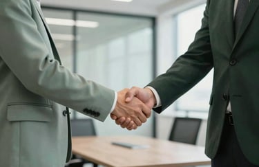 A professional handshake between two business partners in a modern office, with Muted Sage and Dark Forest Green tones in their attire.