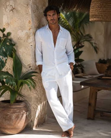 Hombre en ropa blanca de algodón en Tulum