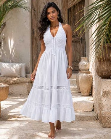 Mujer en vestido blanco de algodon, con corte en halter escote en V falta caida larga