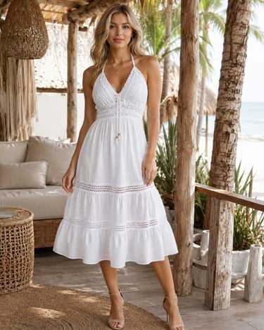Mujer rubia con vestido de algodon en color blanco  estcote en V