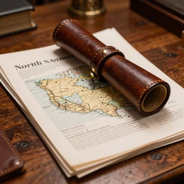 A close-up photography shot of a vintage leather map tube and a stack of legal documents resting on an old wooden table. North American / US office setting with warm, focused lighting that suggests historical depth and professional expertise.