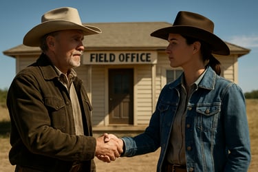 A detailed photograph of two professionals in rugged Western US attire shaking hands firmly in front of a rural field office. The lighting is bright and clear, emphasizing trust, integrity, and professional partnership in a North American setting.