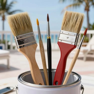 A closeup of professional painting equipment, featuring high-quality brushes and a clean gallon of paint, set against the backdrop of a bright Florida patio.
