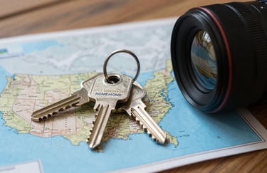 A close-up photograph of a set of keys and a North American map on a wooden desk. Professional lighting with sky blue accents, symbolizing the successful acquisition of a new home.