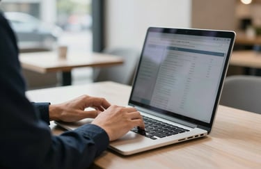 Photography of a person working on a laptop in a modern bright cafe, reflecting the lifestyle of a professional in North America. Soft white and navy blue tones.