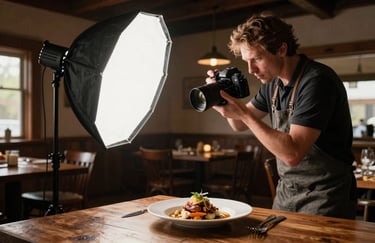 A behind-the-scenes photography session in a rustic North American restaurant. A professional softbox light illuminates a signature artisanal dish while a photographer in professional attire adjusts the angle. Sophisticated, warm tones.